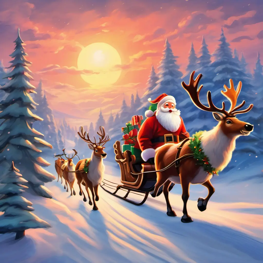 Santa and his reindeer flying back to the North Pole as dawn approaches.