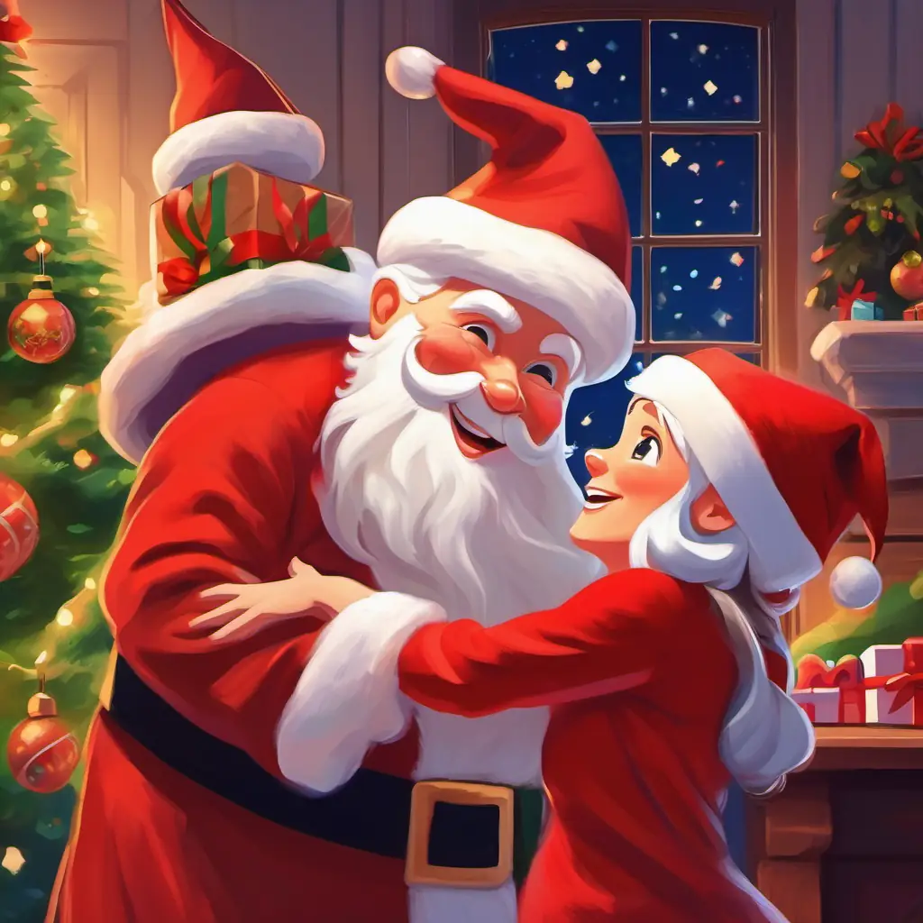 Mrs. Claus hugging Santa, elves cheering for successful gift-giving night.