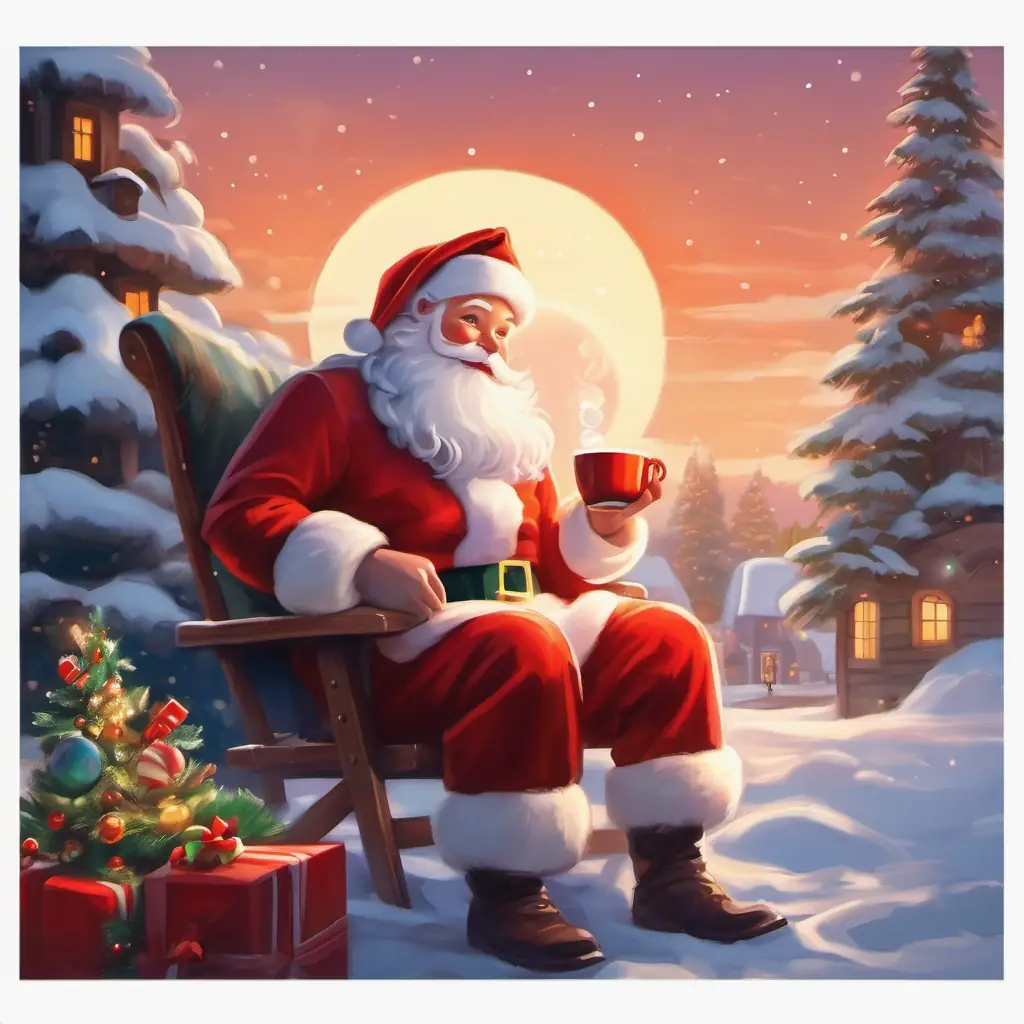 Santa sipping cocoa, recalling children's smiles, North Pole glowing in morning light.