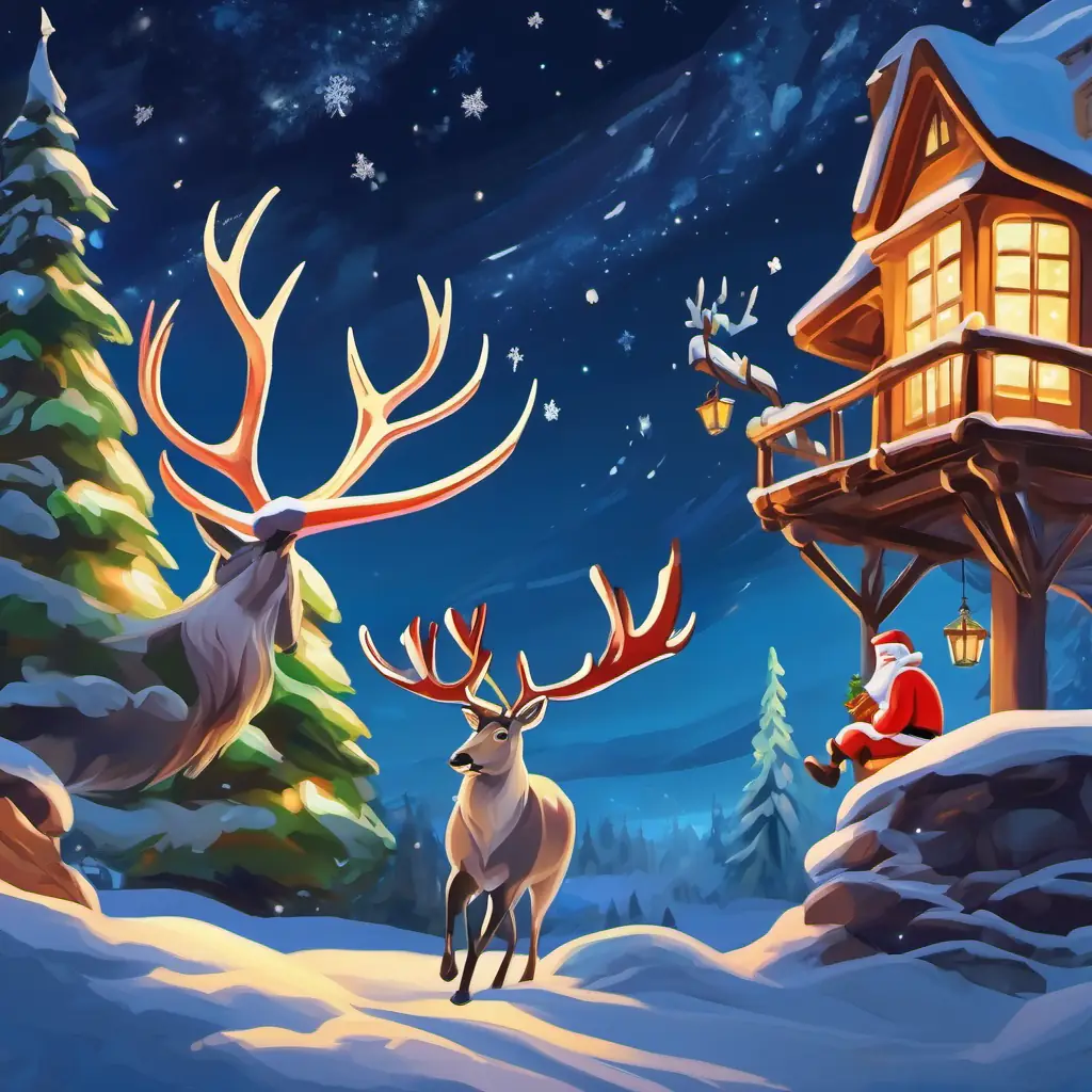 Large, majestic, with antlers, flying through the night resting, noses twitching, dreaming of next magical adventure with Santa.