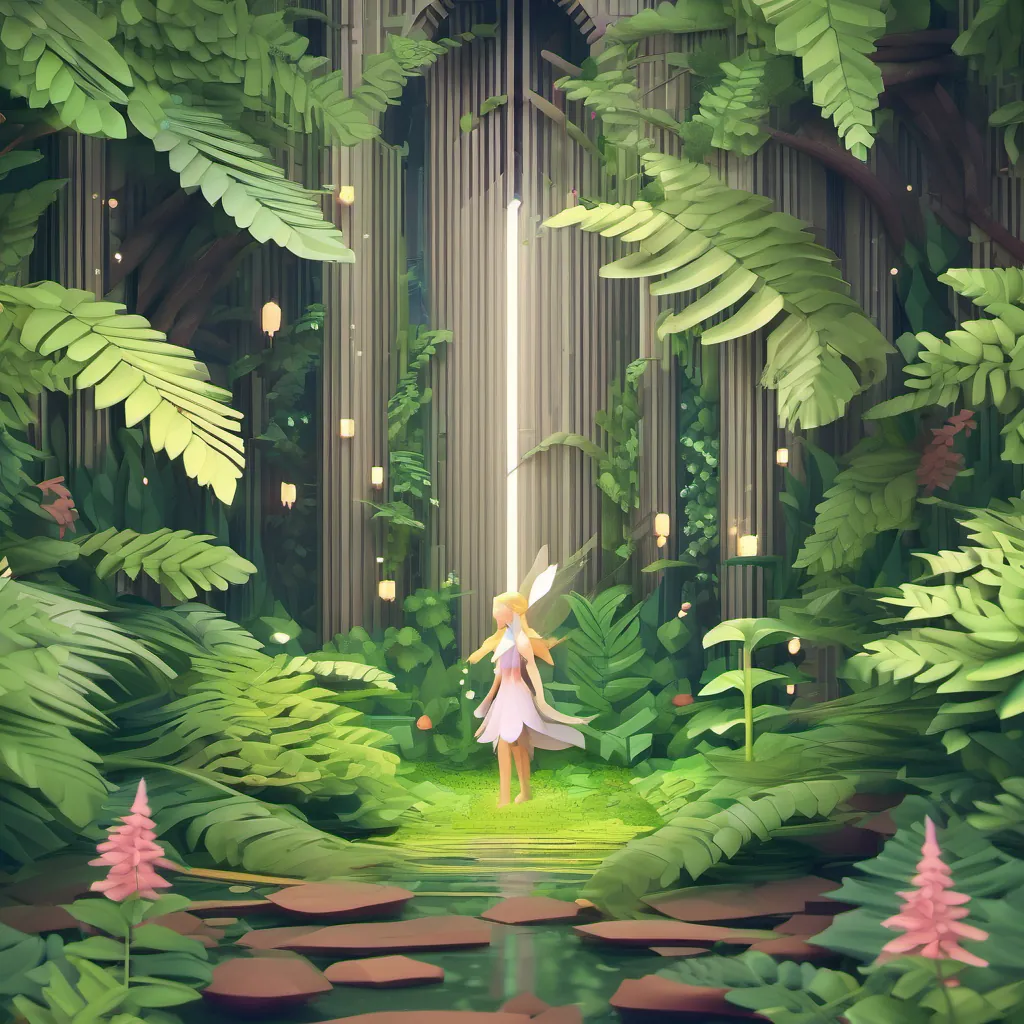 A delicate fairy emerging from under a large fern in a mystical forest setting.