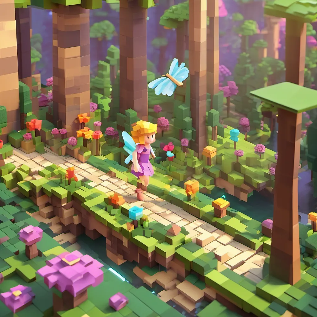 A playful fairy leading the children down a hidden path in the forest.