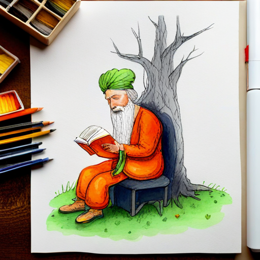 Wise sage with a turban and long white beard reading a book under a tree