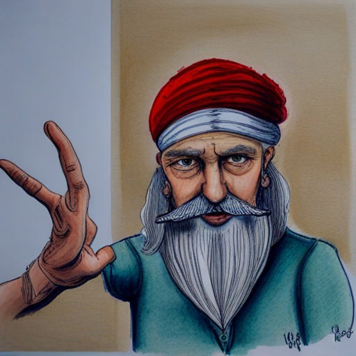 Wise sage with a turban and long white beard pointing to three important things
