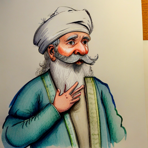 Wise sage with a turban and long white beard gesturing and explaining
