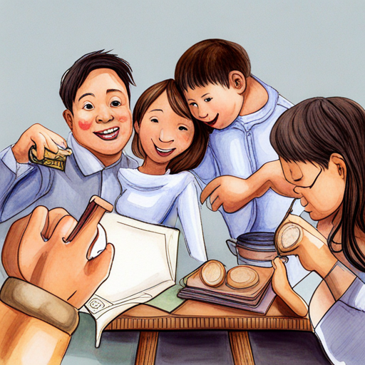 Boy hugging his wife, boy eating a tasty meal, and boy holding money