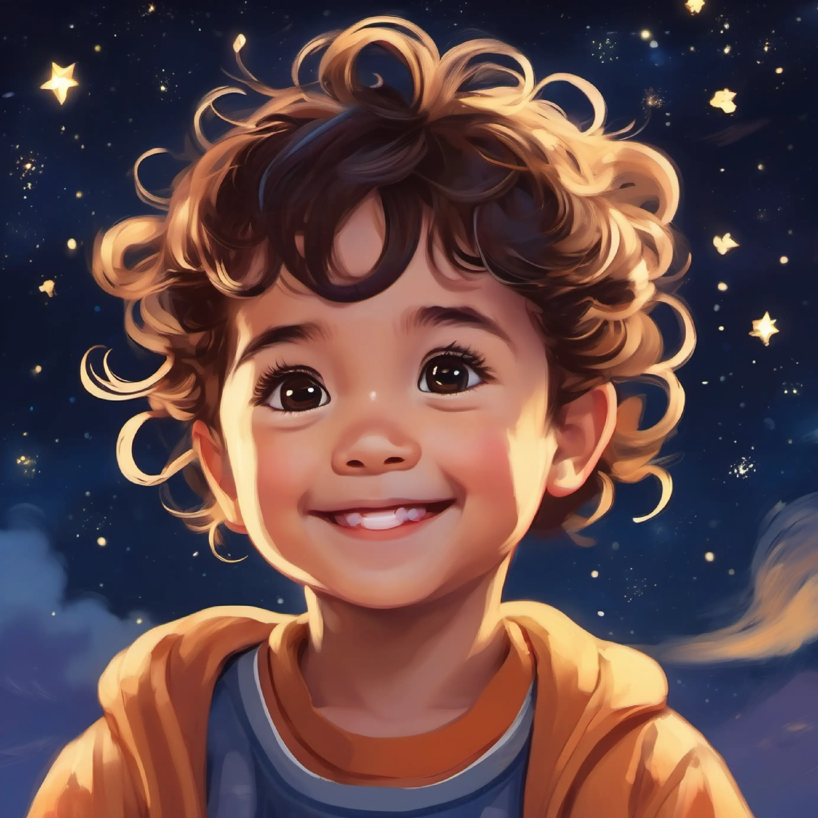 Small child, bright eyes, happy smile, hair curly or straight asking Warm smile, kind eyes, hair in a bun or flowing, always loving a question, night sky with stars