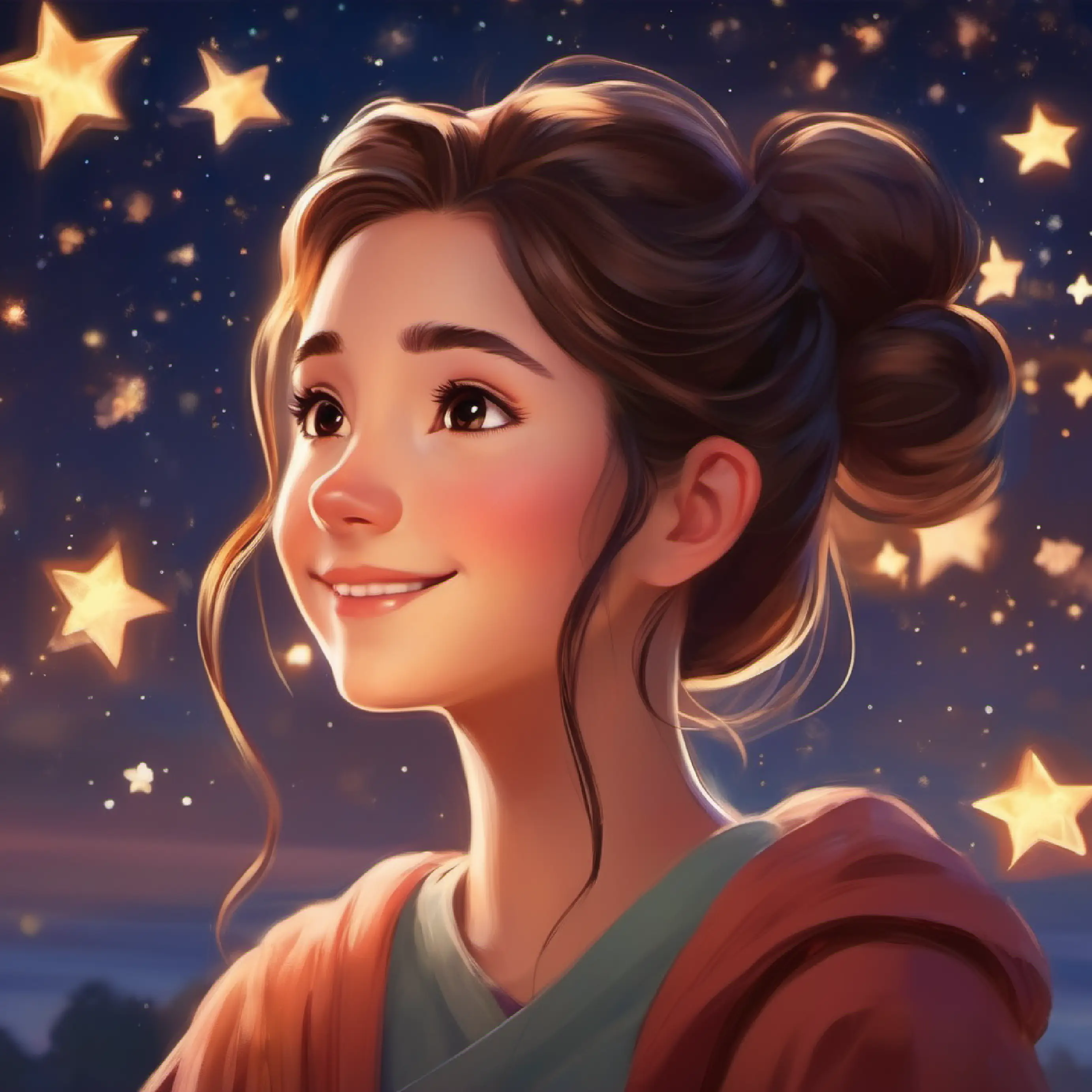 Warm smile, kind eyes, hair in a bun or flowing, always loving expressing her love, pretending to touch stars