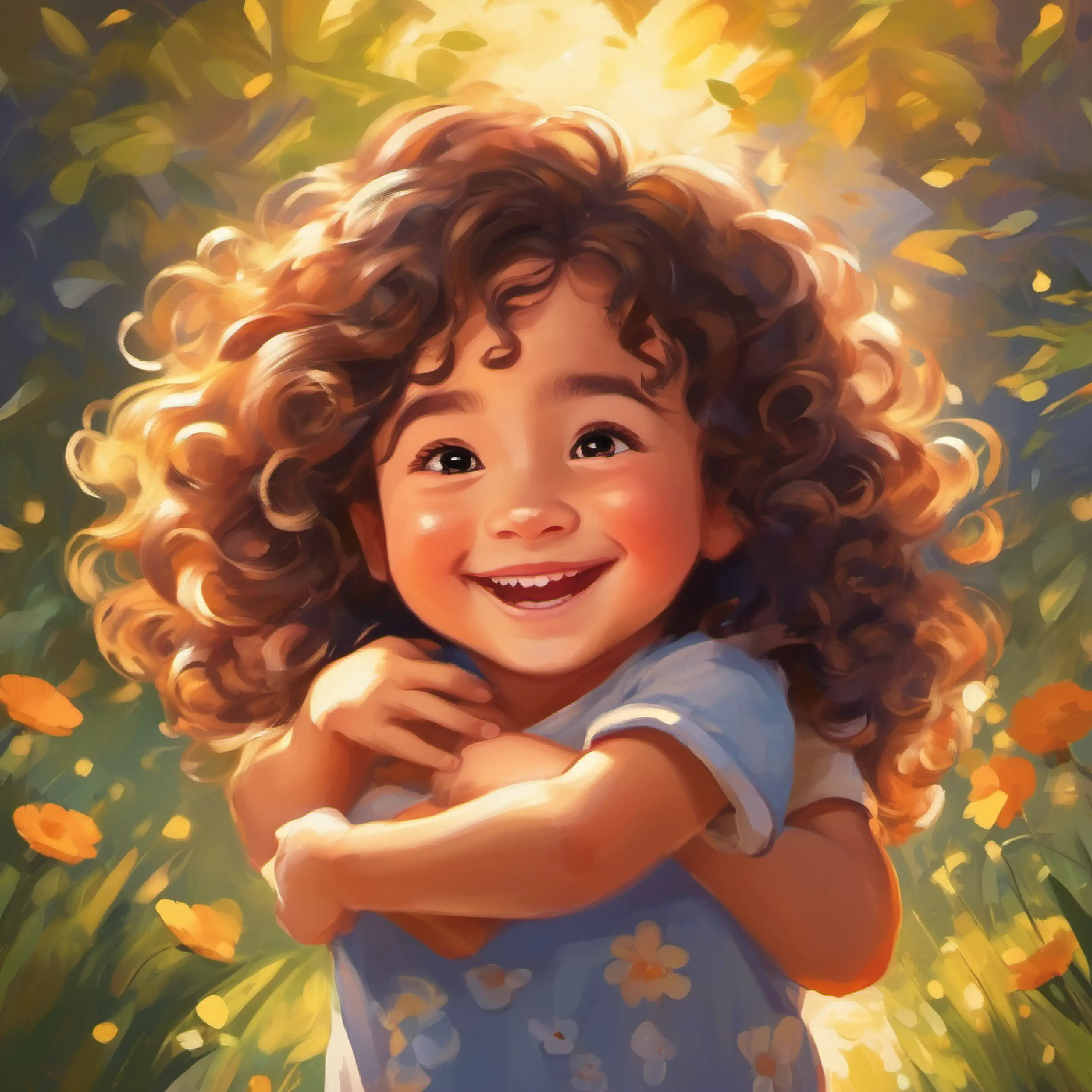 Small child, bright eyes, happy smile, hair curly or straight showing love with a wide embrace, happy moment