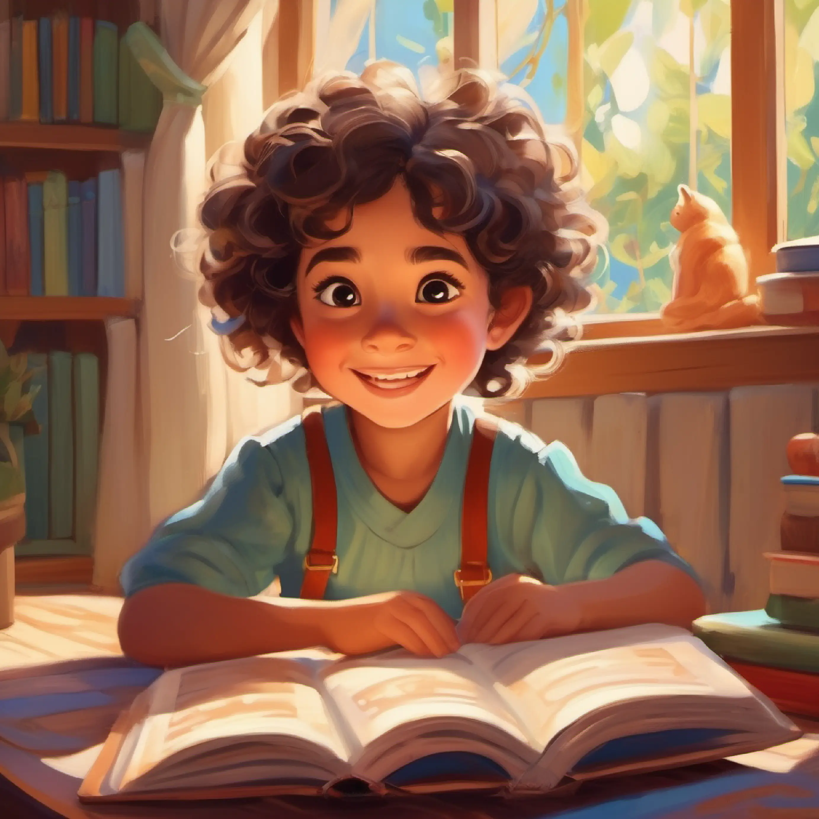 Reading a custom story, Small child, bright eyes, happy smile, hair curly or straight as protagonist, feeling brave