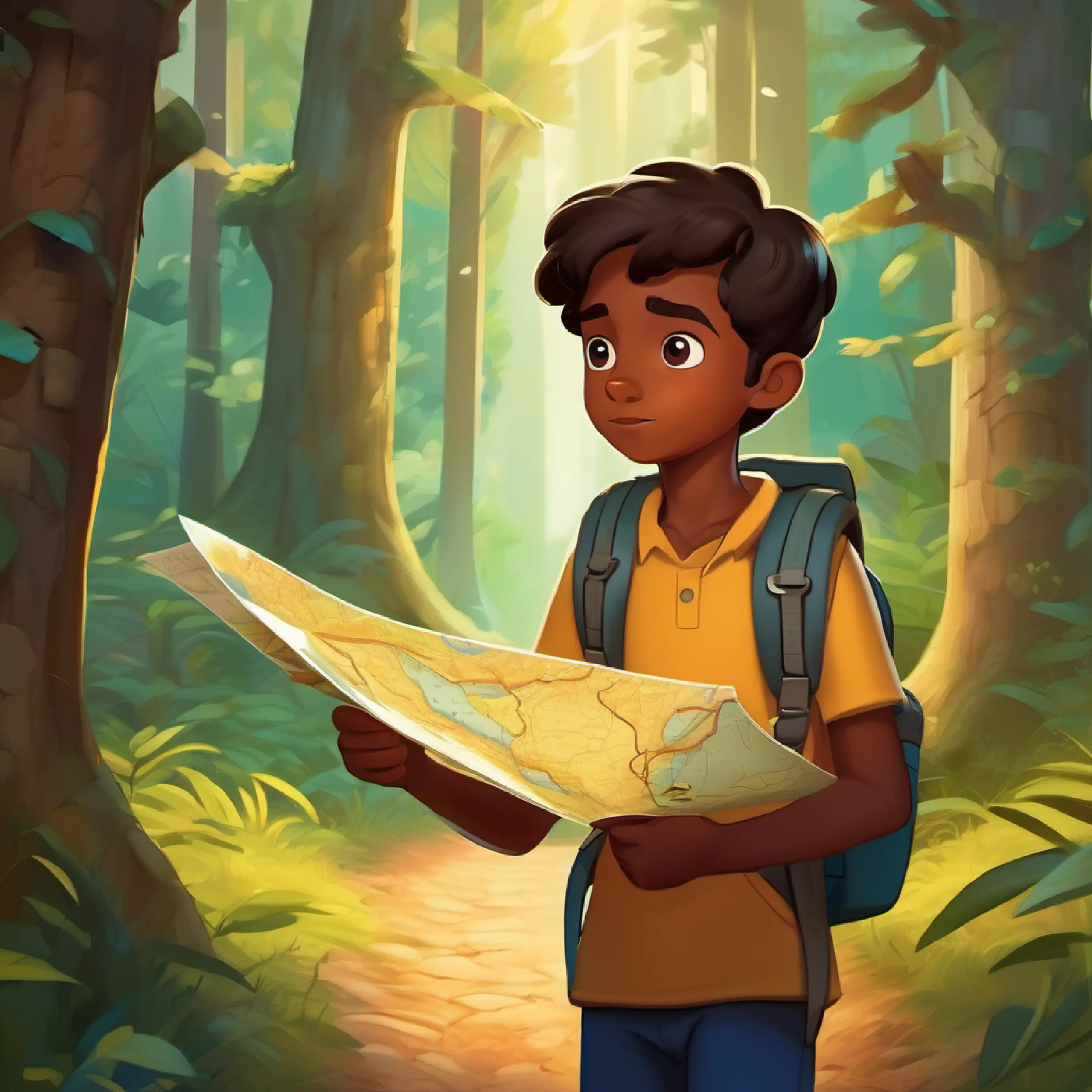 Eight-year-old boy with brown skin and big, curious eyes starts his adventure with a map leading to a mysterious woods