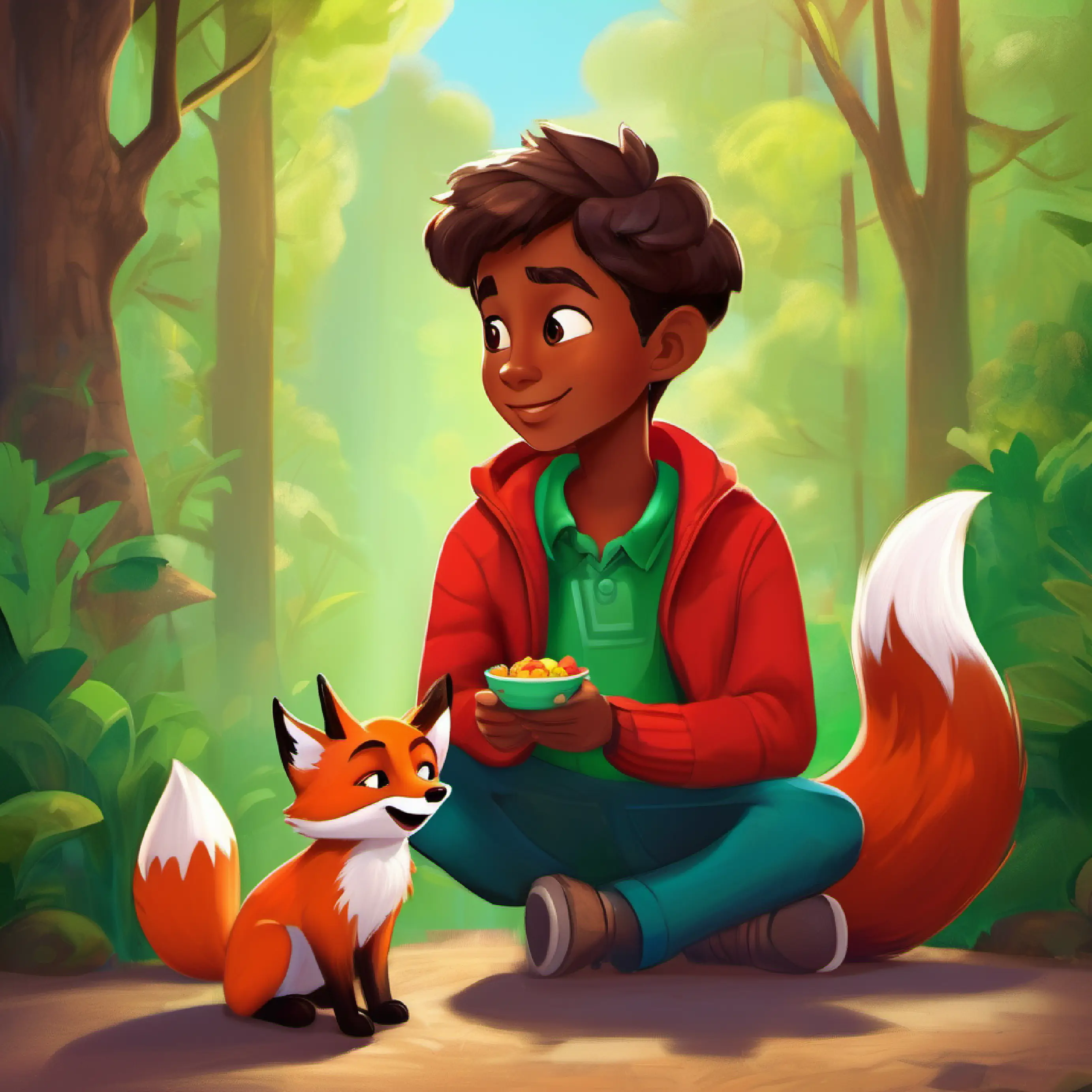 Eight-year-old boy with brown skin and big, curious eyes meets Smart talking fox with red fur and friendly green eyes the fox and shares his snacks, earning the next clue