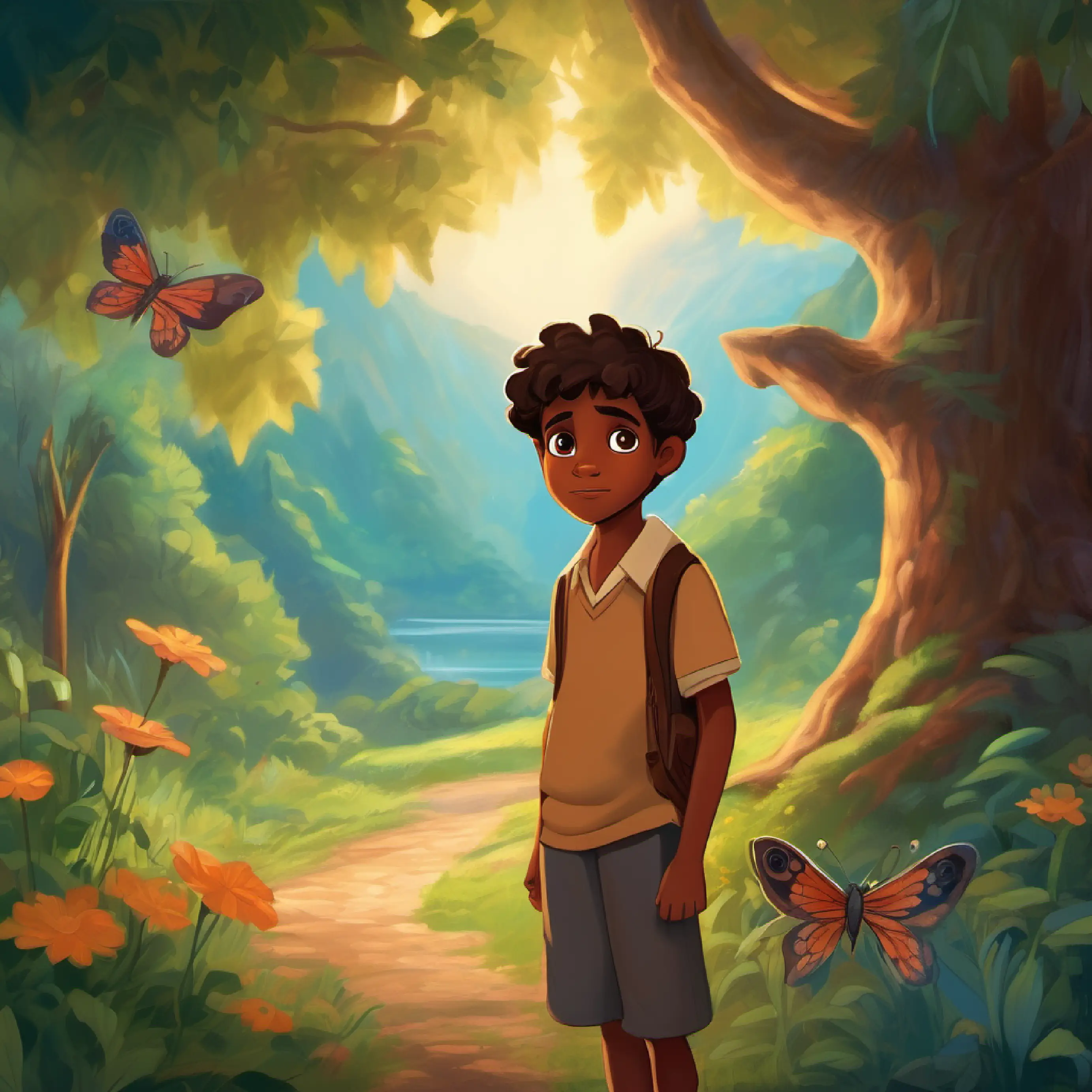 Eight-year-old boy with brown skin and big, curious eyes confesses a past mistake to a fairy and receives the final clue