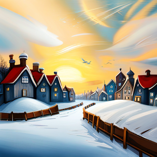 Frosty flying over a village and spreading snowflakes