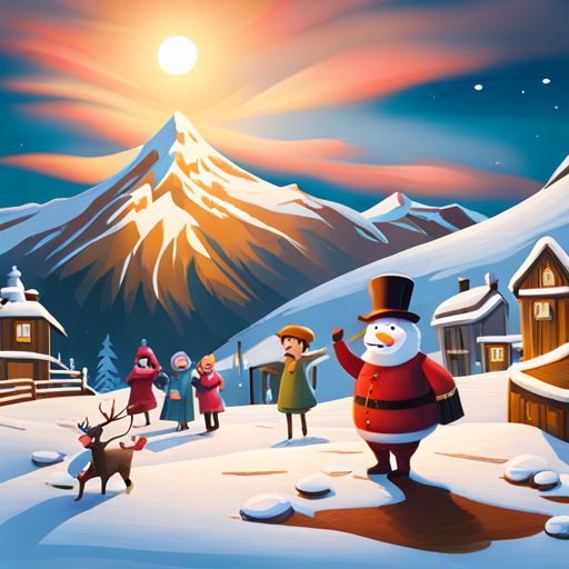 Frosty and the villagers celebrating in the snowy landscape