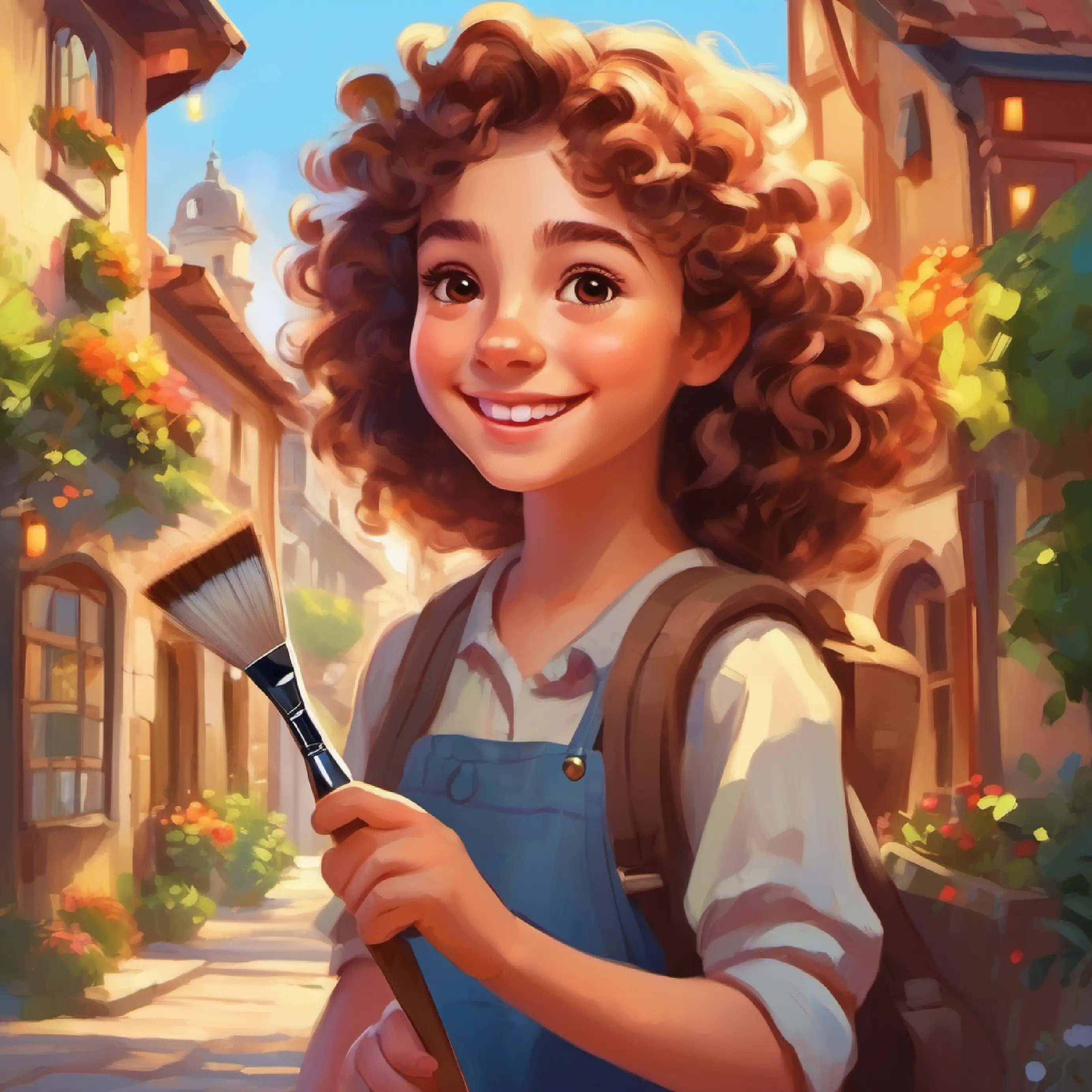 Page shows Girl with bright eyes, cheerful smile, curly hair, carrying a paintbrush in her little town, smiling.