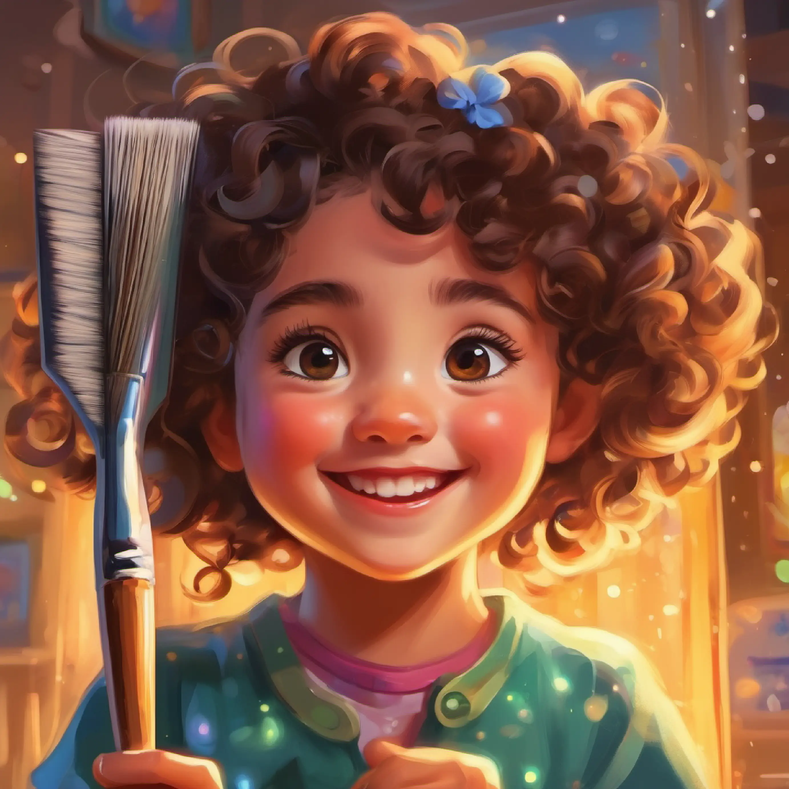 Girl with bright eyes, cheerful smile, curly hair, carrying a paintbrush holding a sparkling paintbrush, eyes wide with wonder.