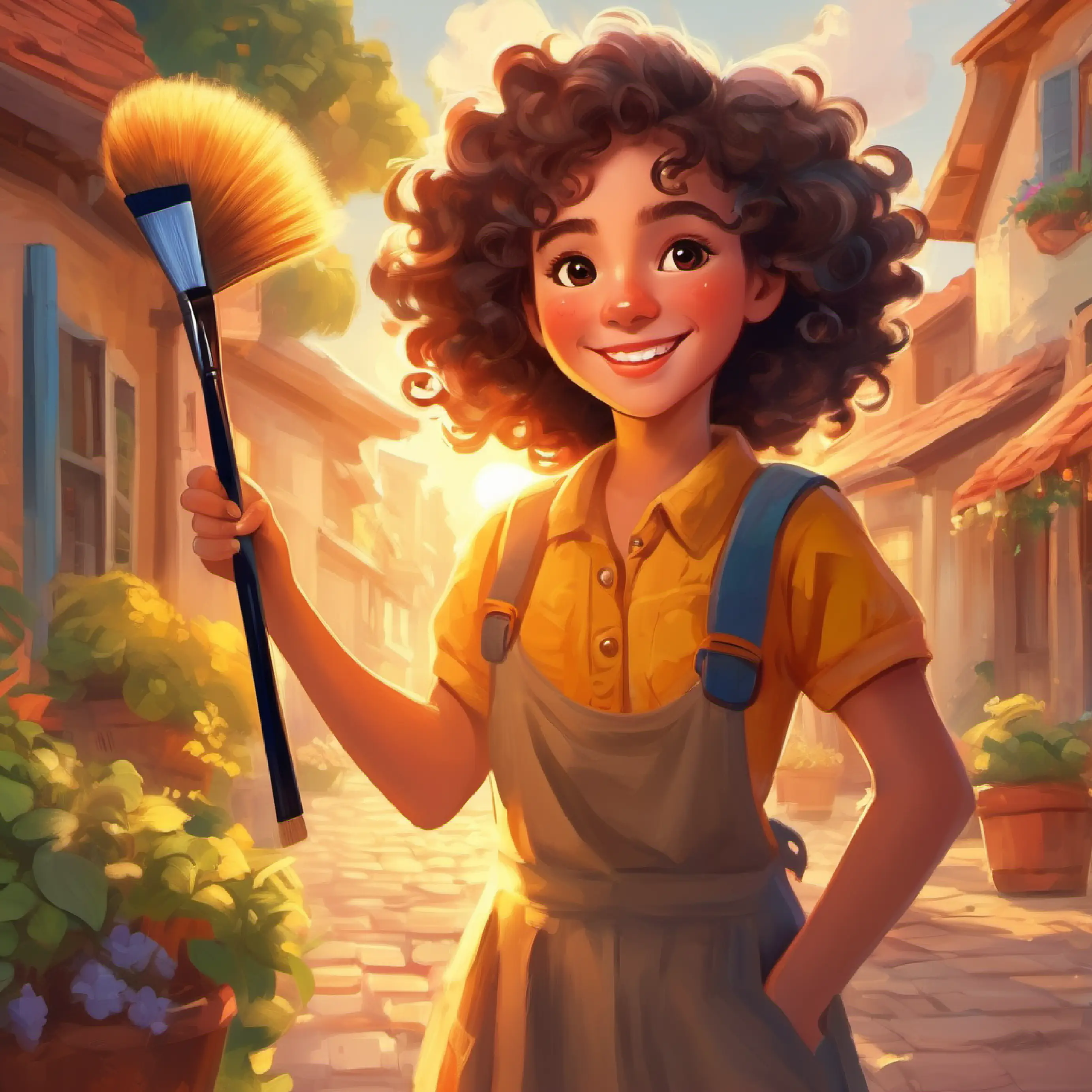 A shining sun above Girl with bright eyes, cheerful smile, curly hair, carrying a paintbrush, townspeople happy in the warmth.