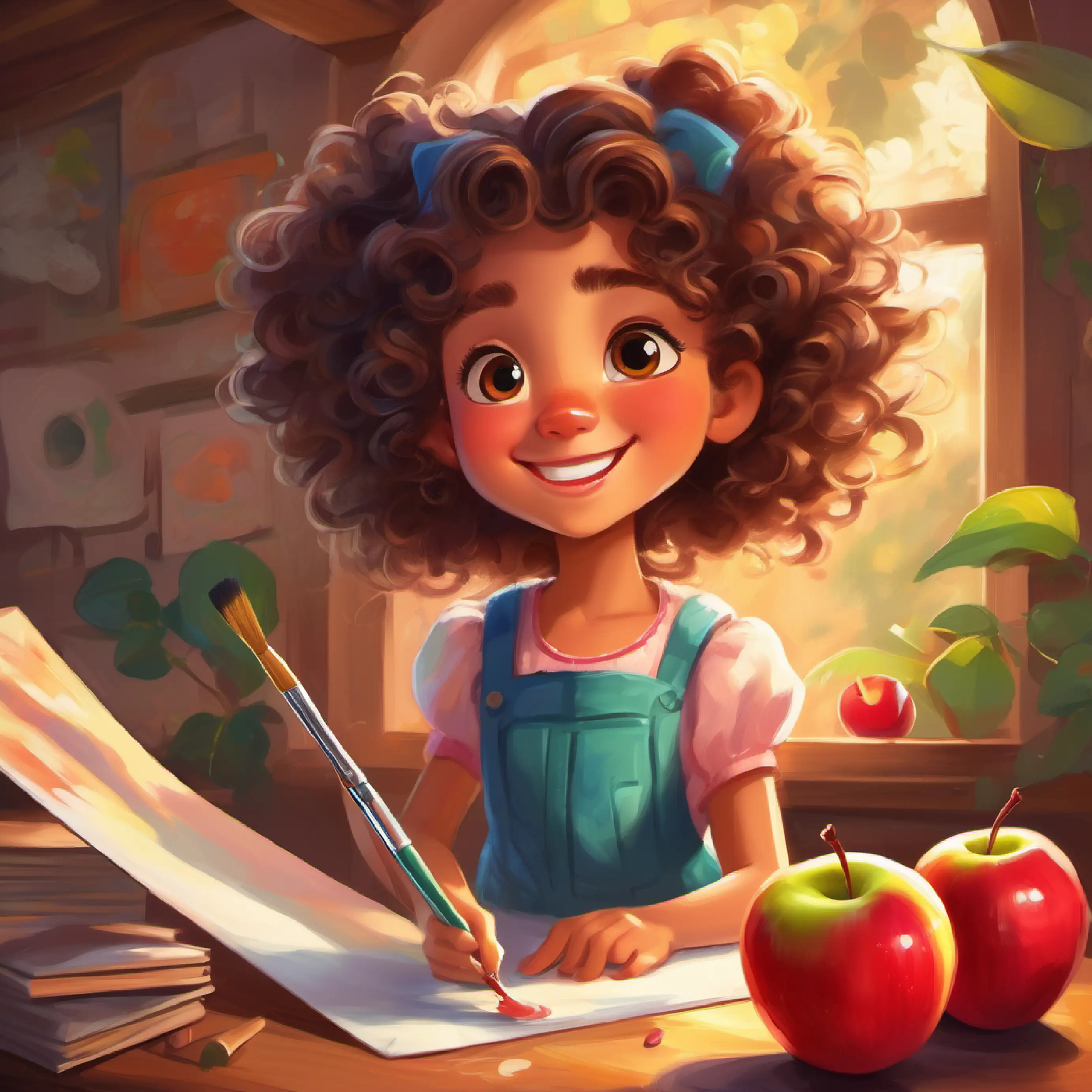 Girl with bright eyes, cheerful smile, curly hair, carrying a paintbrush surprised by an apple appearing from her drawing paper.