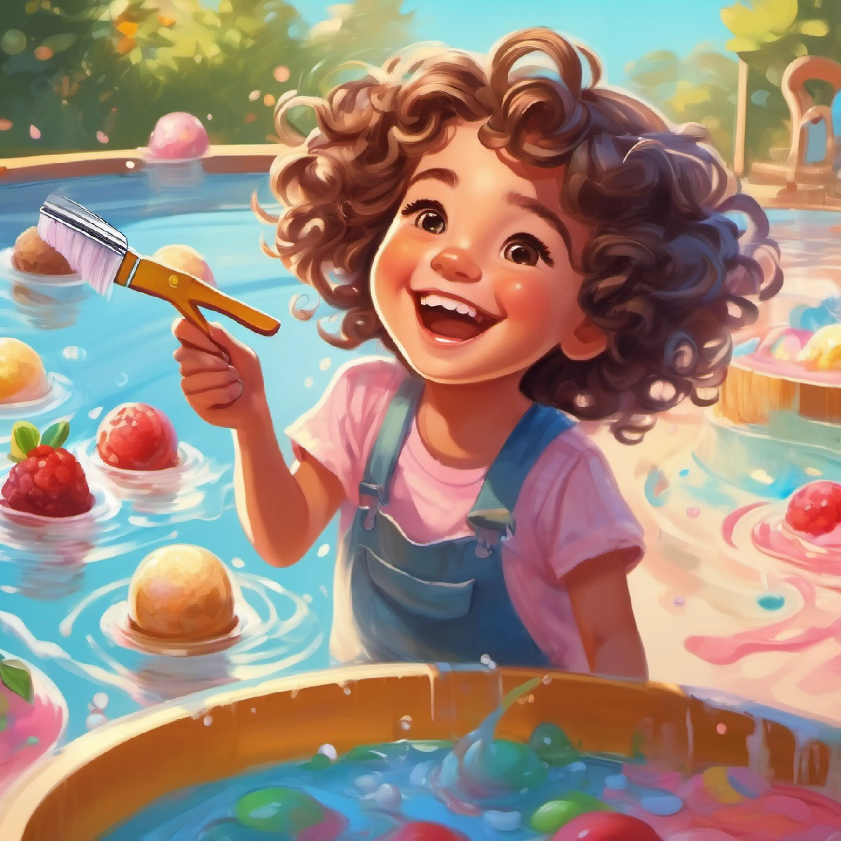 Kids laughing and sliding into the ice cream pool, Girl with bright eyes, cheerful smile, curly hair, carrying a paintbrush smiling.