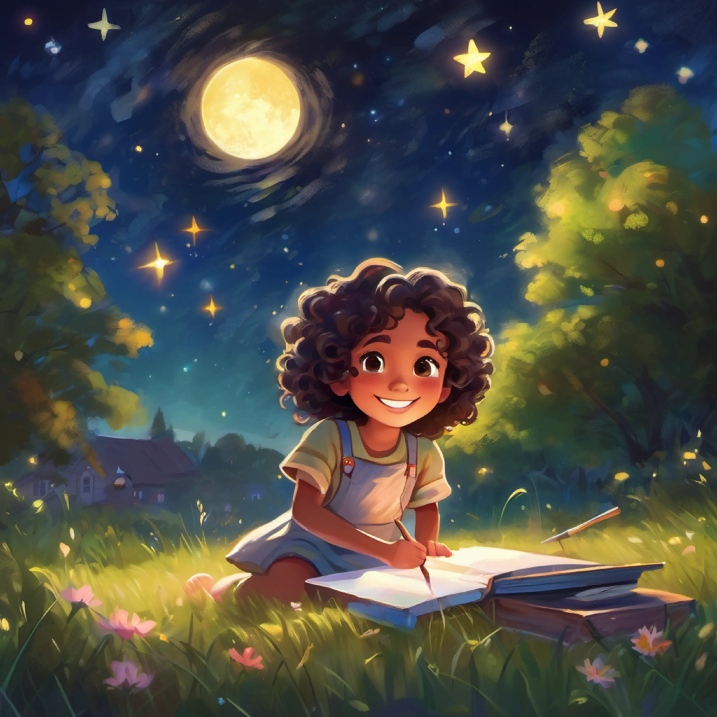 Girl with bright eyes, cheerful smile, curly hair, carrying a paintbrush painting the night with stars, friends lying on grass gazing up.