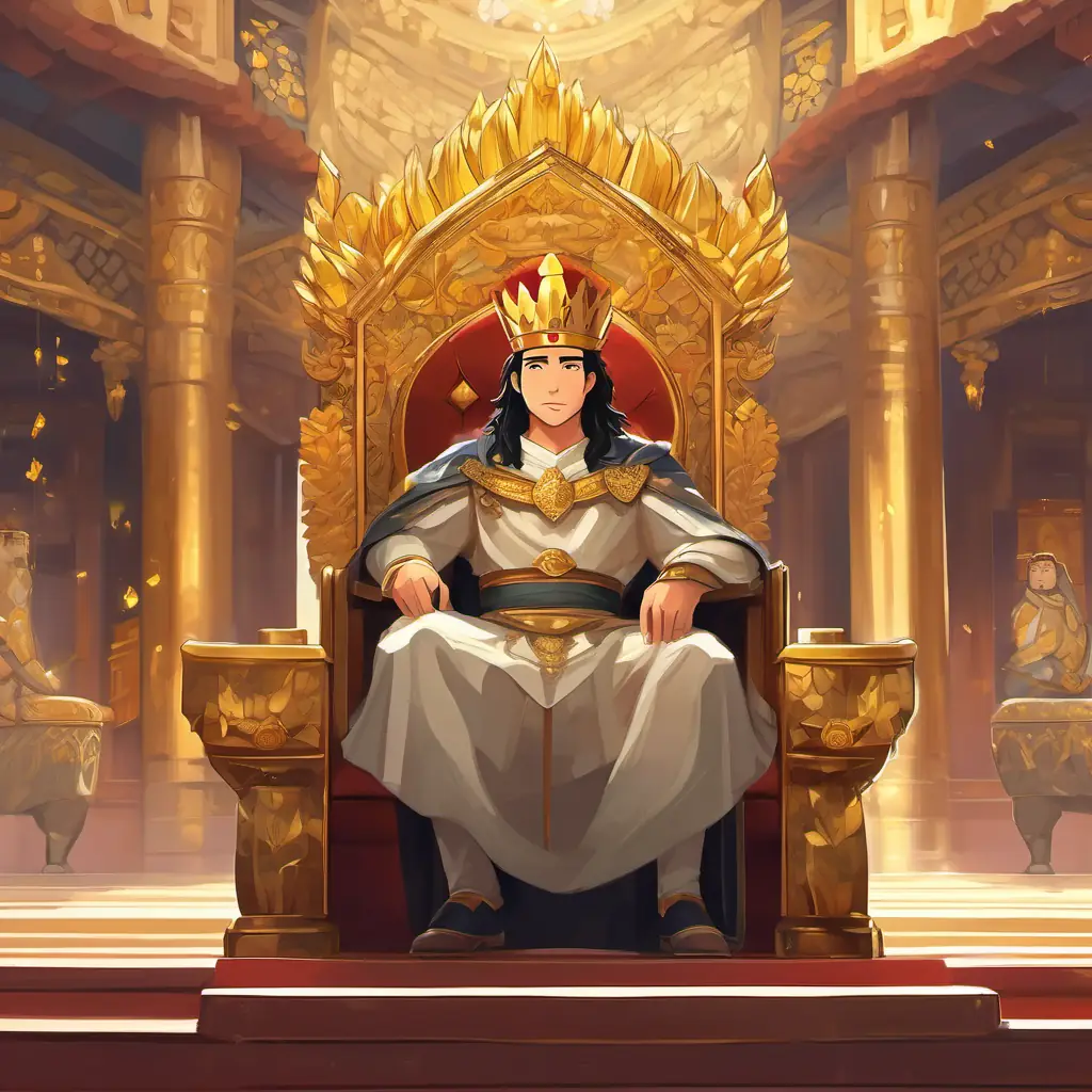 King King Davi, with black hair and a wise look in his brown eyes, with a golden crown on his head, is sitting on a throne in a grand palace. The kingdom is peaceful and happy.