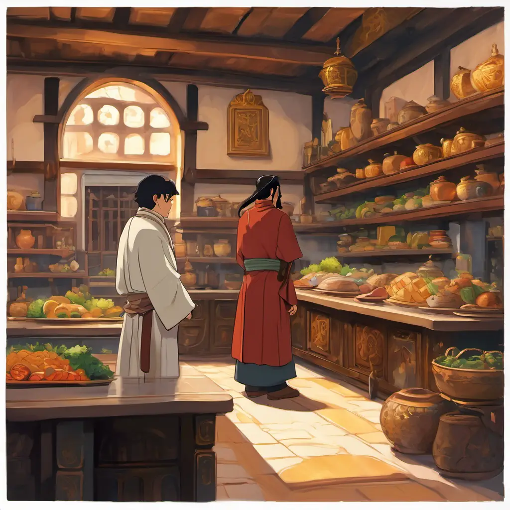 King King Davi, with black hair and a wise look in his brown eyes, wearing a royal robe, is listening attentively to a man dressed in rags. The palace kitchen is in the background, with shelves filled with food.