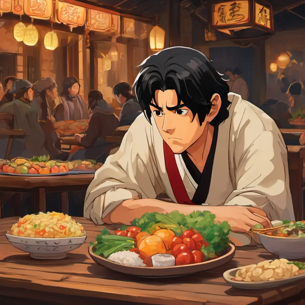 King King Davi, with black hair and a wise look in his brown eyes is shown with a worried expression on his face, contemplating the decision. There is a table with food in the middle, and people in need surrounding him.