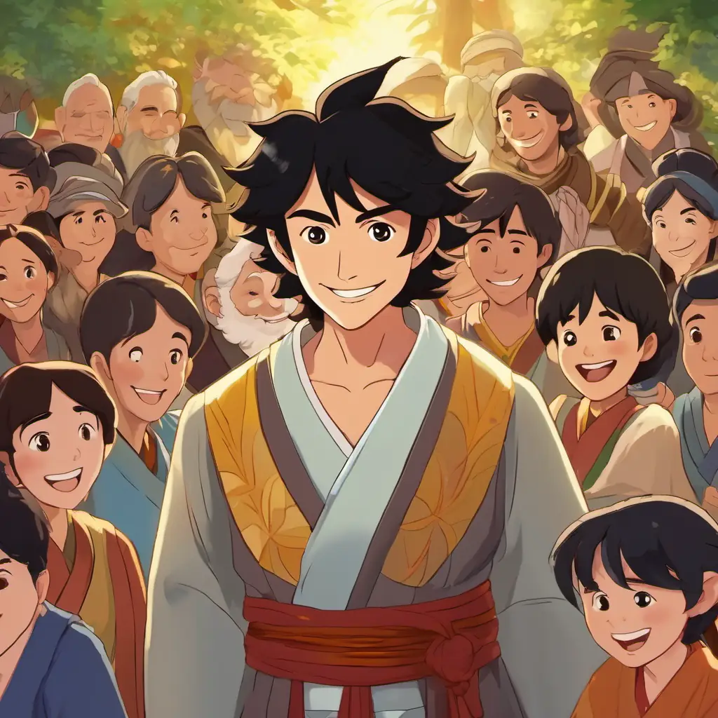 King King Davi, with black hair and a wise look in his brown eyes is shown with a smile on his face, surrounded by happy people who are grateful for his fair decision.