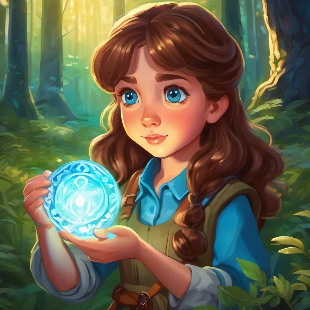 Curious girl with brown hair and blue eyes, adventurous spirit discovers a shiny amulet in the woods.