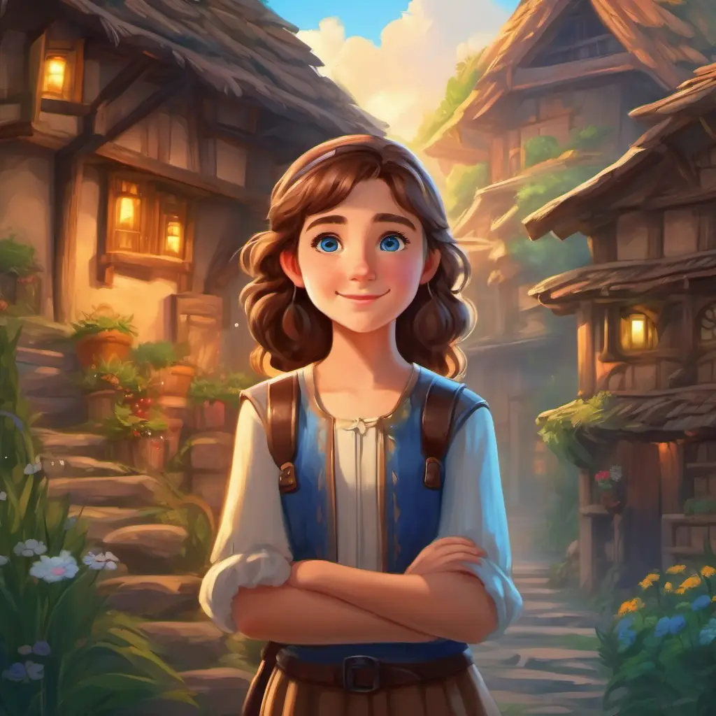 Curious girl with brown hair and blue eyes, adventurous spirit's kind acts improve the village, amulet glows brighter.