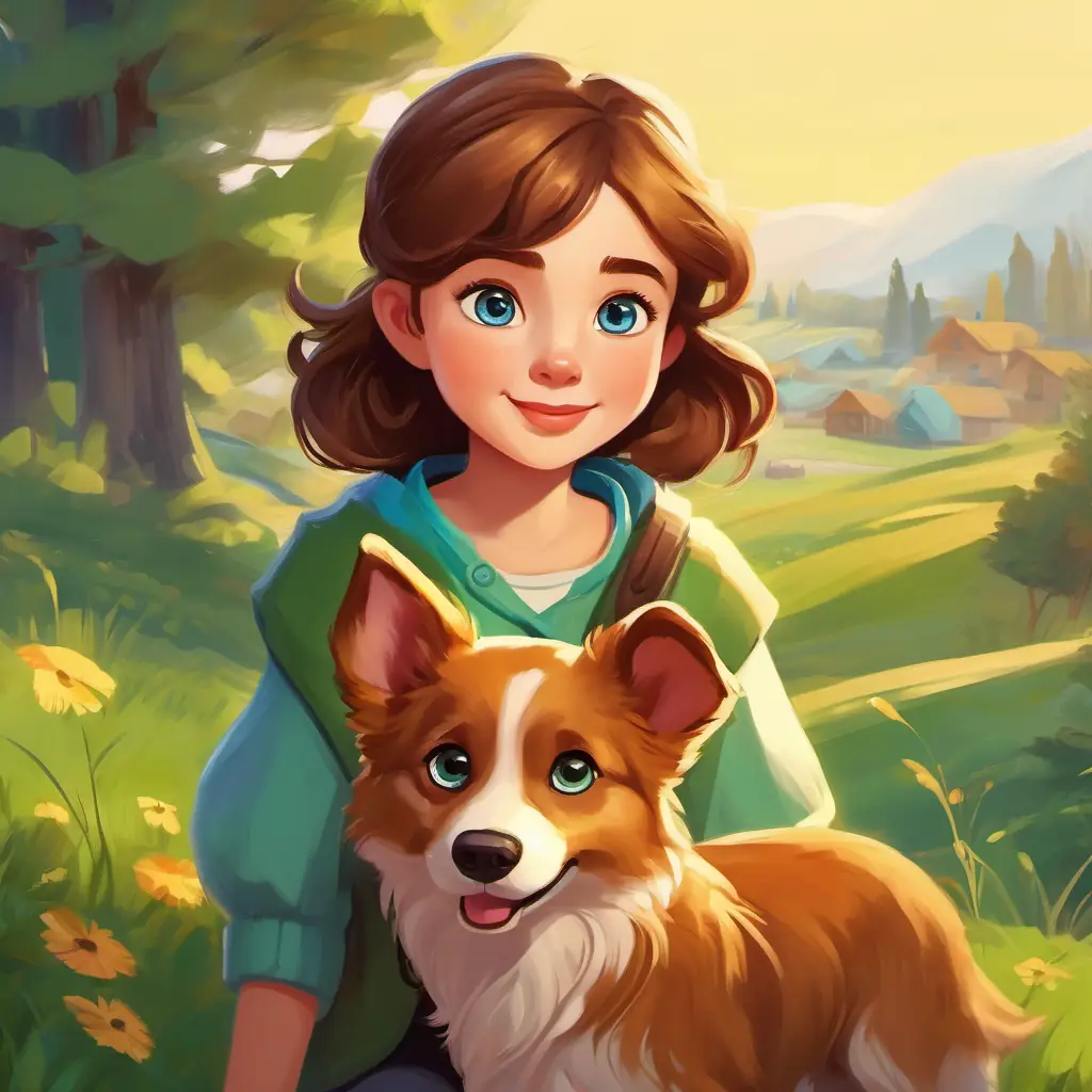 Introduction to   Curious girl with brown hair and blue eyes, adventurous spirit and Playful pup with golden fur and friendly brown eyes, loyal companion, in a green-hilled village.