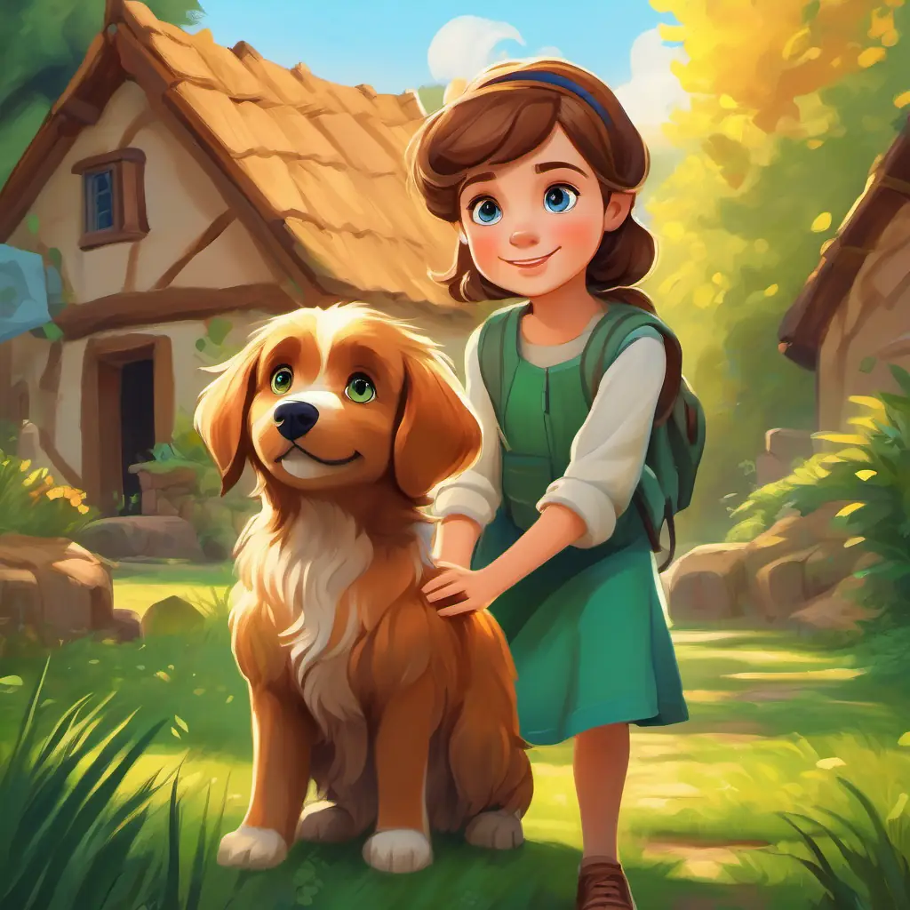 Introduction to Curious girl with brown hair and blue eyes, adventurous spirit and Playful pup with golden fur and friendly brown eyes, loyal companion, in a green-hilled village.