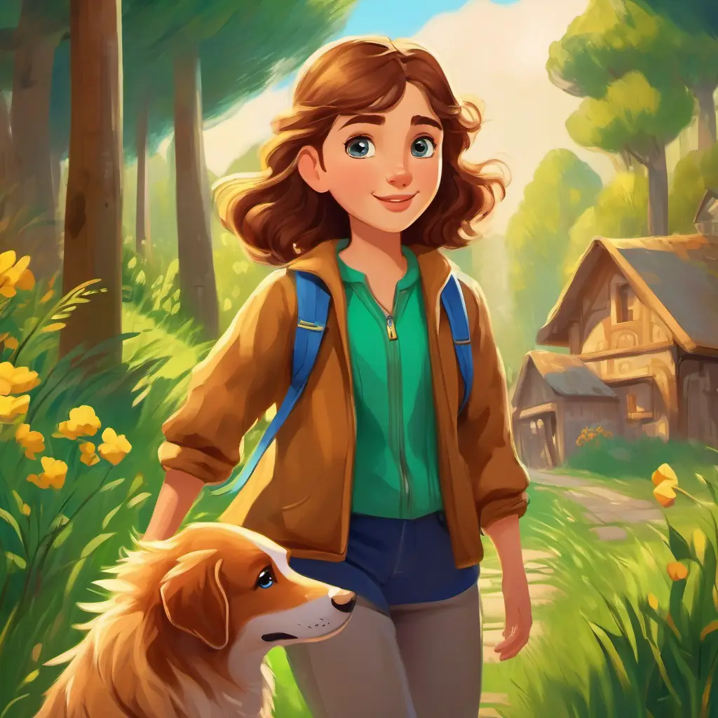 Introduction to Curious girl with brown hair and blue eyes, adventurous spirit and Playful pup with golden fur and friendly brown eyes, loyal companion, in a green-hilled village.