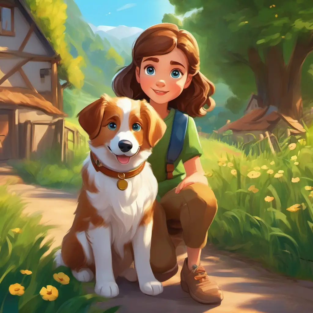 Introduction to Curious girl with brown hair and blue eyes, adventurous spirit and Playful pup with golden fur and friendly brown eyes, loyal companion, in a green-hilled village.