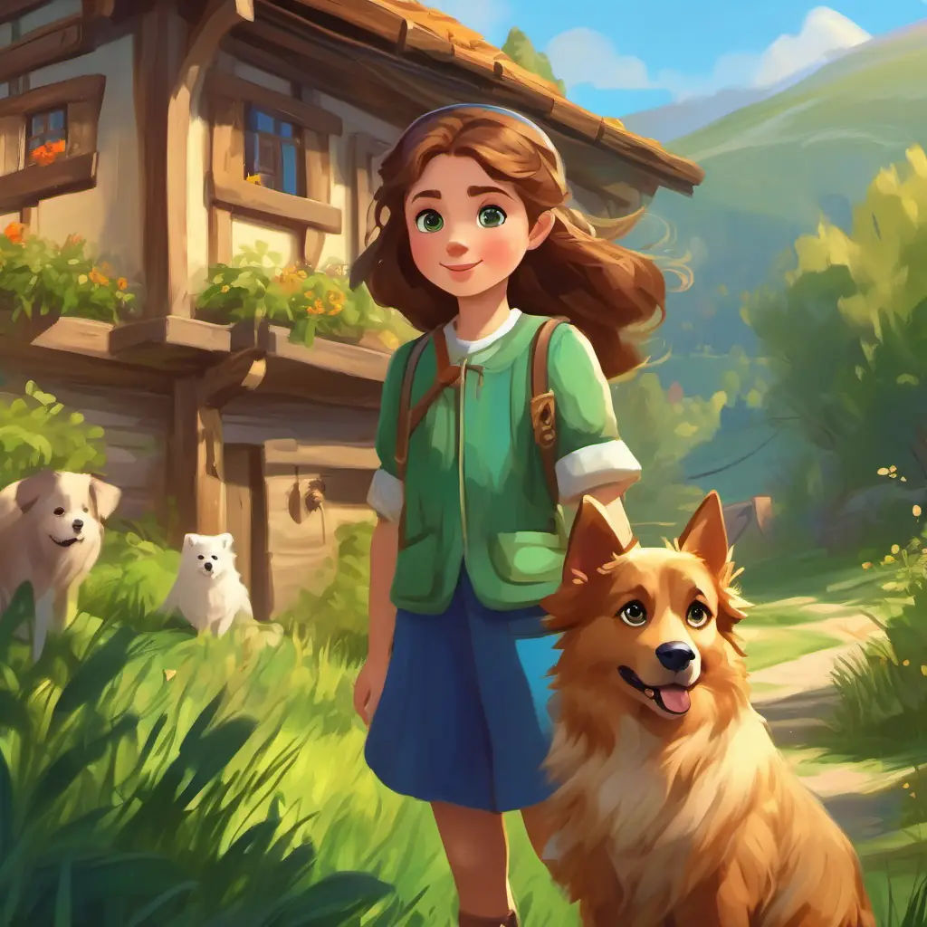 Introduction to Curious girl with brown hair and blue eyes, adventurous spirit and Playful pup with golden fur and friendly brown eyes, loyal companion, in a green-hilled village.