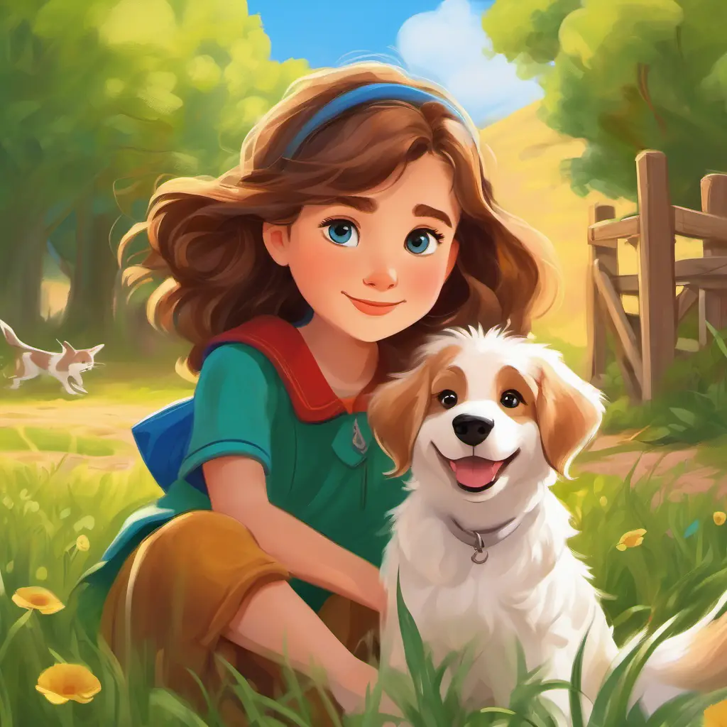 Introduction to Curious girl with brown hair and blue eyes, adventurous spirit and Playful pup with golden fur and friendly brown eyes, loyal companion, in a green-hilled village.