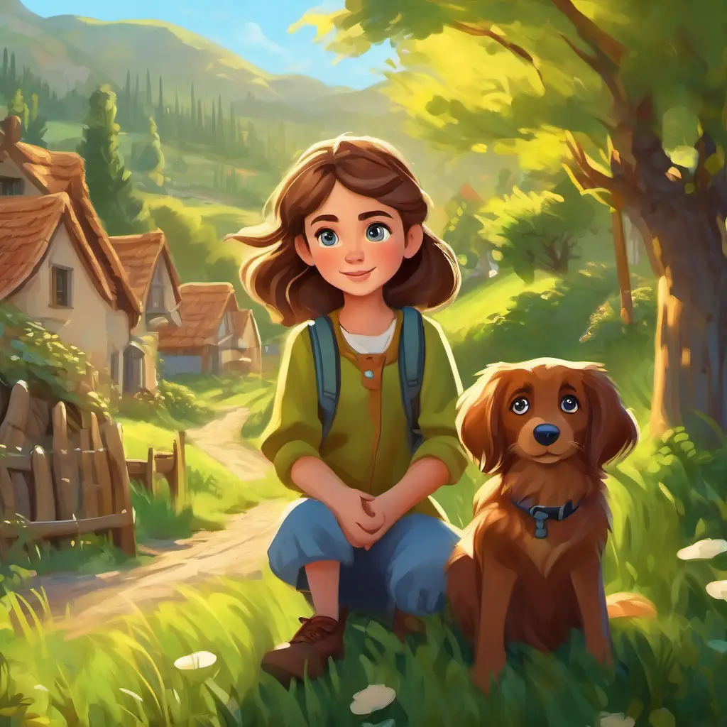 Introduction to Curious girl with brown hair and blue eyes, adventurous spirit and Playful pup with golden fur and friendly brown eyes, loyal companion, in a green-hilled village.