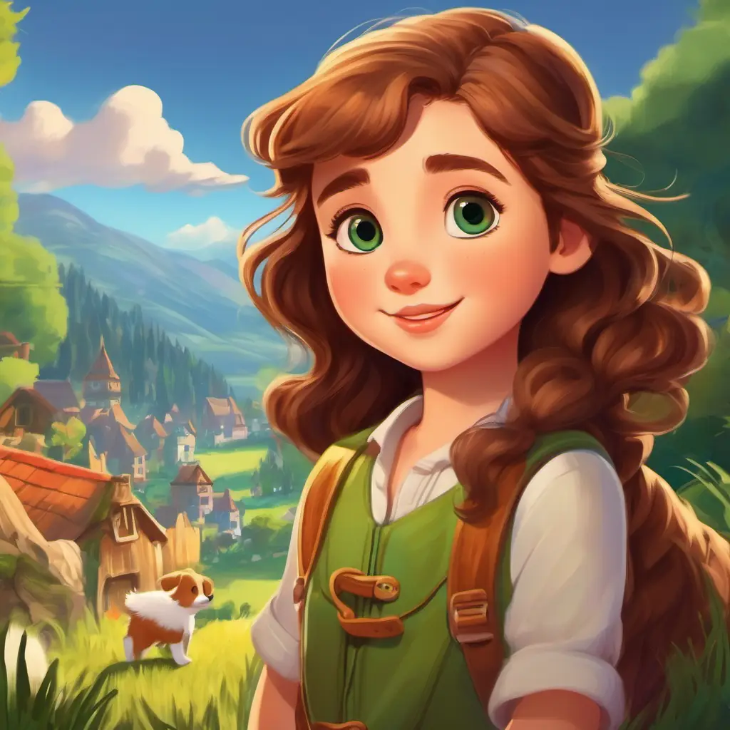 Introduction to Curious girl with brown hair and blue eyes, adventurous spirit and Playful pup with golden fur and friendly brown eyes, loyal companion, in a green-hilled village.