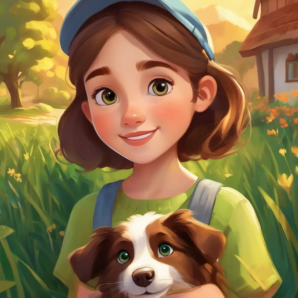 Introduction to Curious girl with brown hair and blue eyes, adventurous spirit and Playful pup with golden fur and friendly brown eyes, loyal companion, in a green-hilled village.