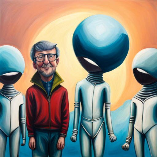 Alfred meeting colorful and friendly aliens with big smiles