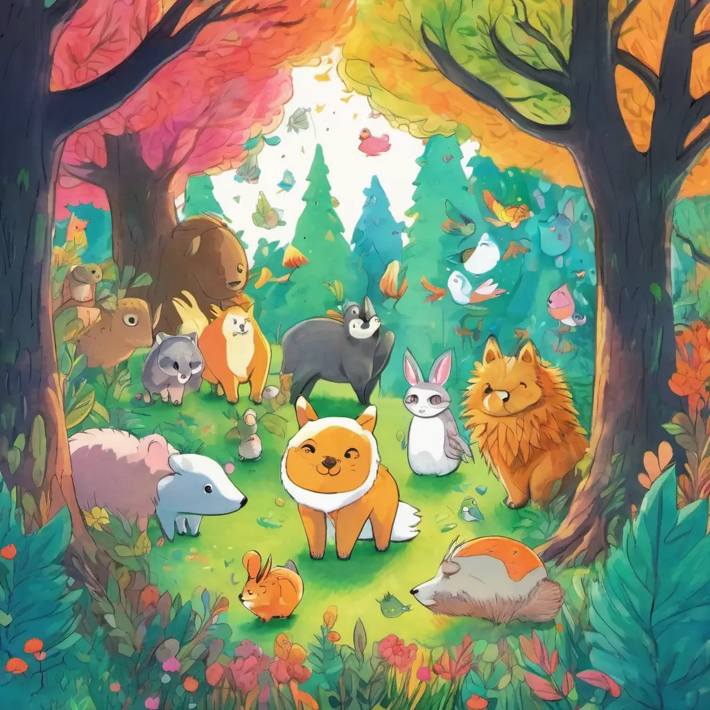 The animal friends are gathered in a colorful forest.