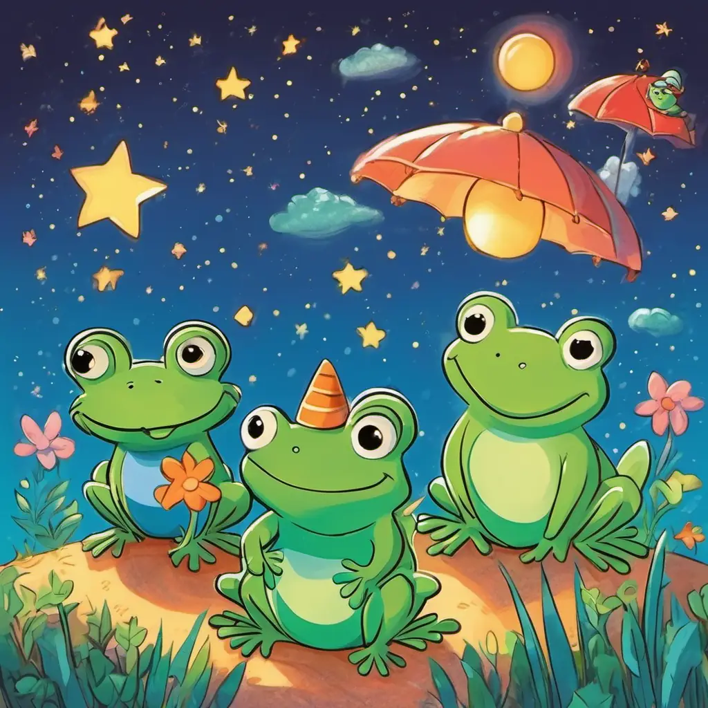 The animal friends find four hopping frogs and five shiny stars in the sky.
