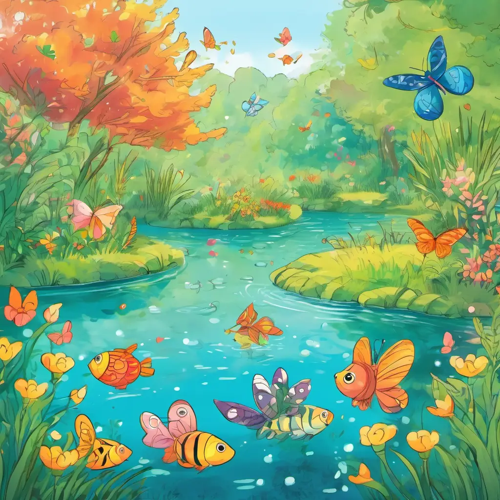 The animal friends find eight colorful butterflies and nine swimming fish in a beautiful pond.