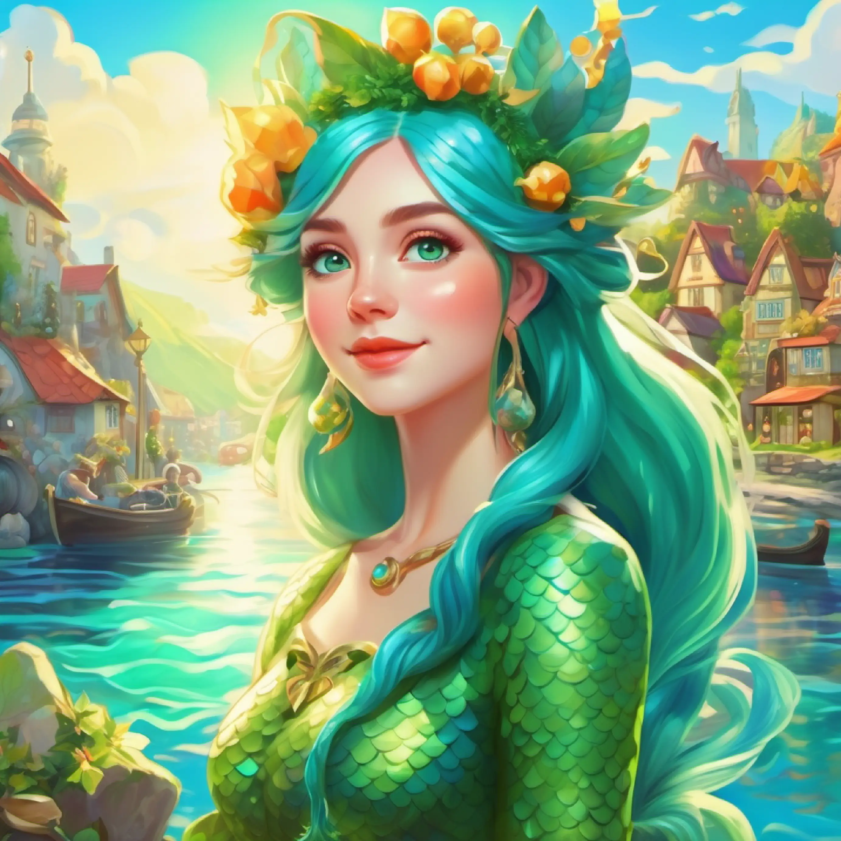 Mermaid with green-tinted skin, bright blue eyes, healer in her apothecary, sunny day, peaceful village