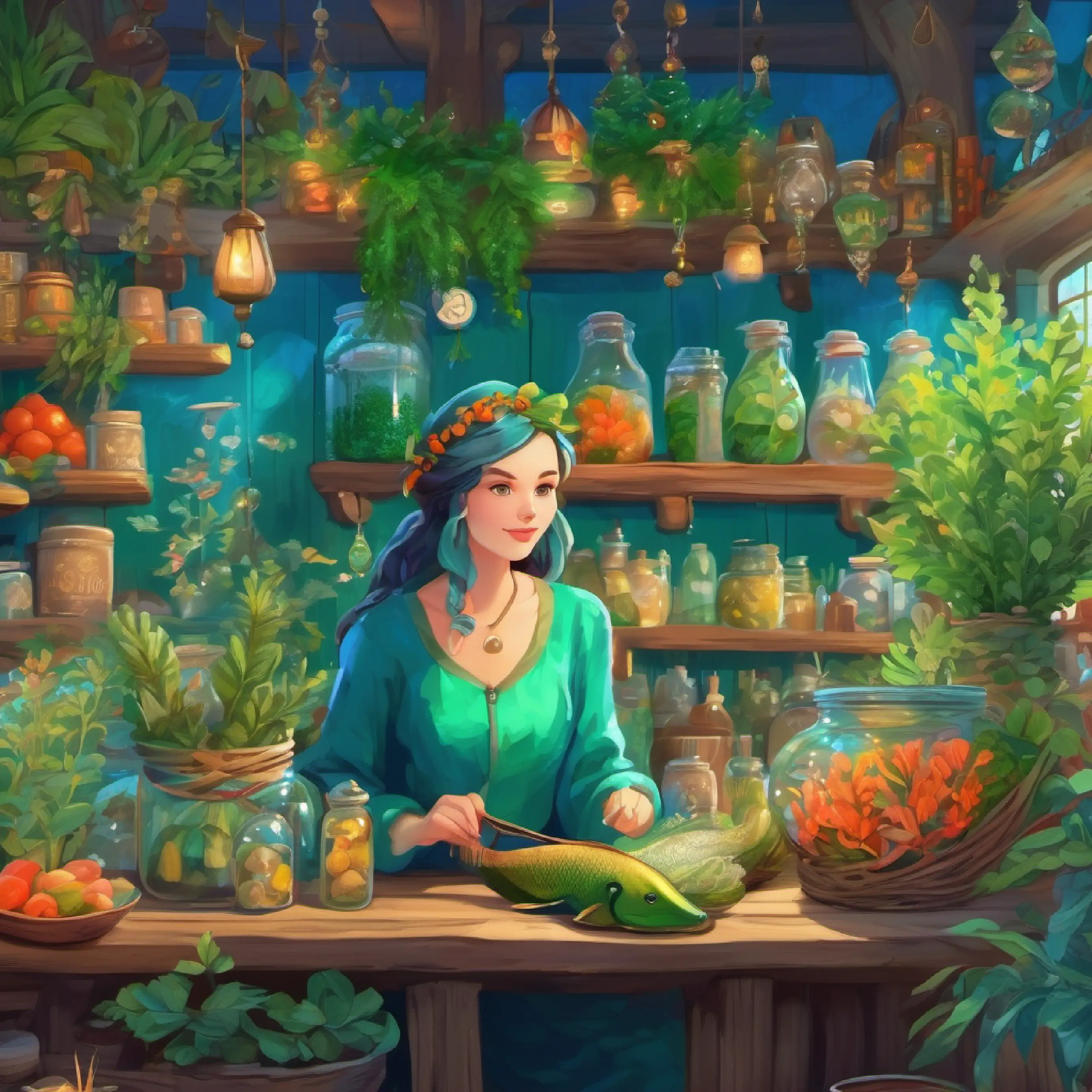 Mermaid with green-tinted skin, bright blue eyes, healer's herbal shop, scented with herbs, villagers visiting