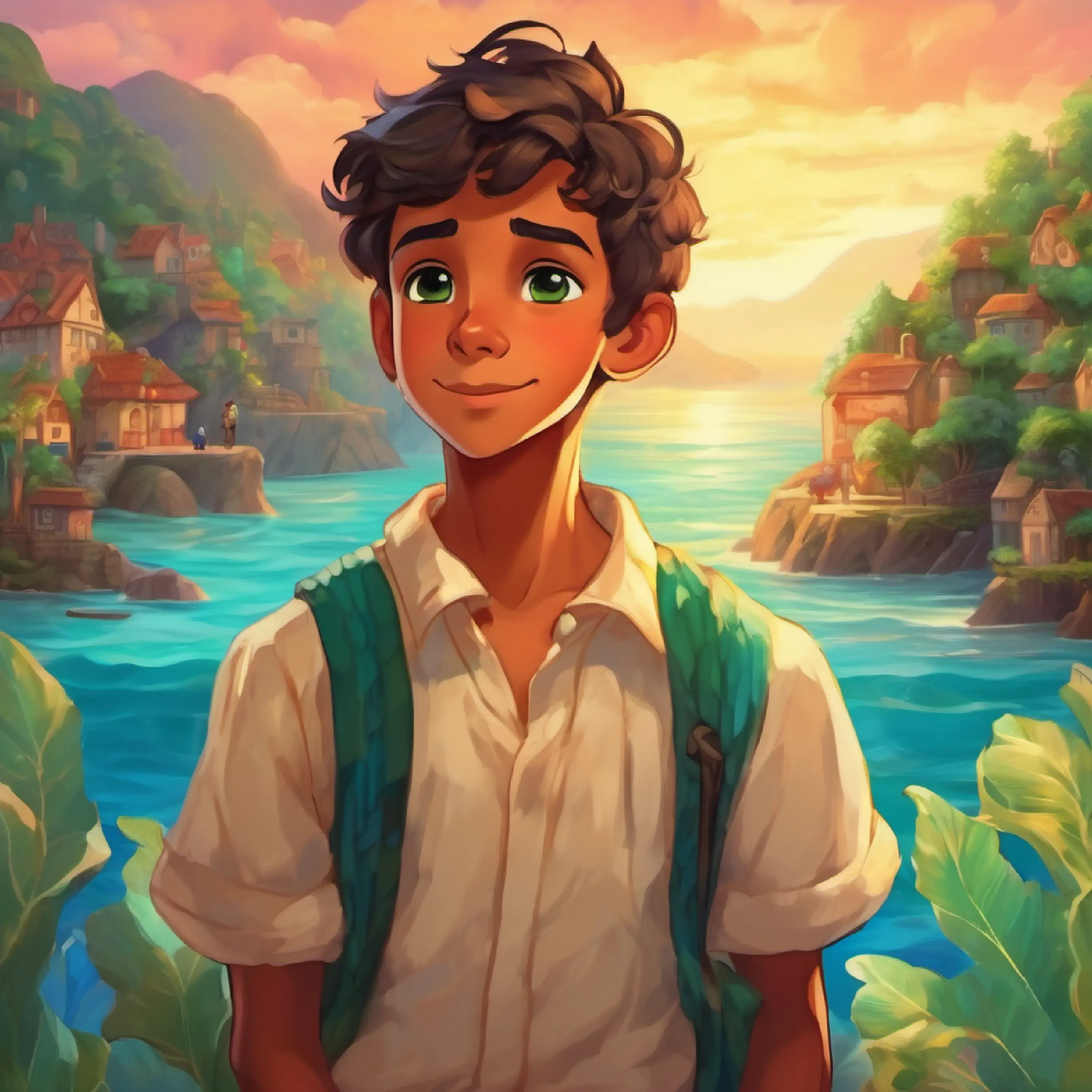 Village boy with tanned skin, brown eyes, kind-hearted's visit, Mermaid with green-tinted skin, bright blue eyes, healer's sorrow, decision to leave