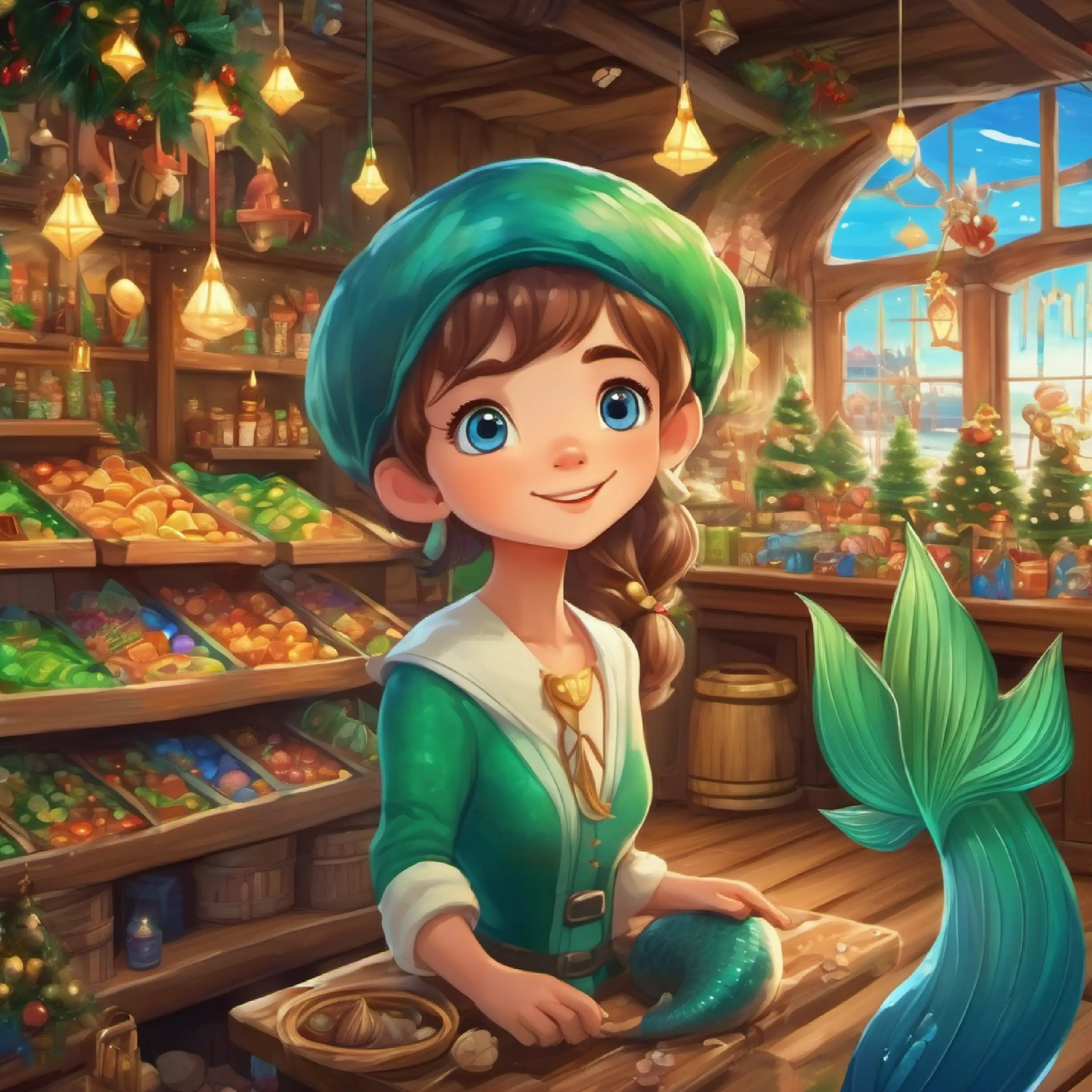 Reveal Mermaid with green-tinted skin, bright blue eyes, healer's secret, introduce Village boy with tanned skin, brown eyes, kind-hearted, inside the shop