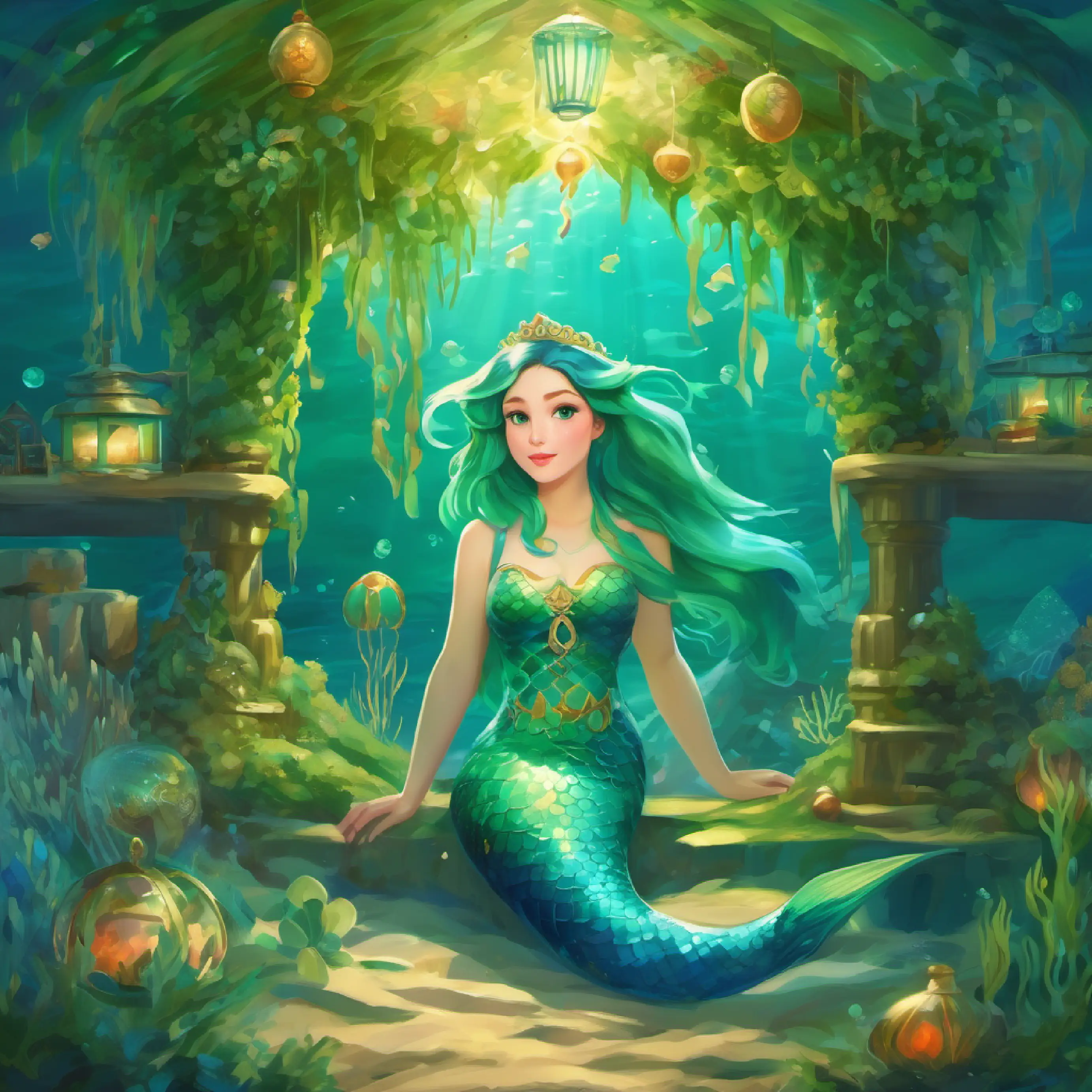 Mermaid with green-tinted skin, bright blue eyes, healer's past curse, risk of the sea, village lore