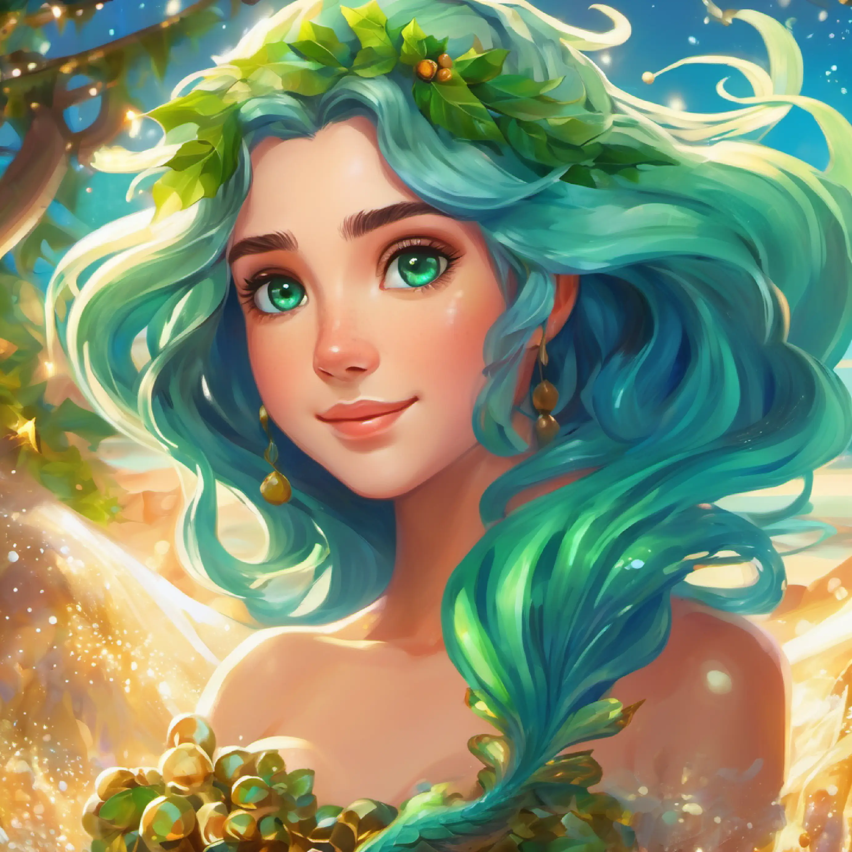 Mermaid with green-tinted skin, bright blue eyes, healer's health fades, mermaid transformation, Village boy with tanned skin, brown eyes, kind-hearted's concern